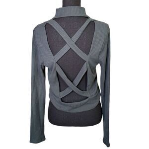 Mixed Threads Dark Green Open Back Criss Cross Ribbed Crop Top Mock Neck Sz Larg